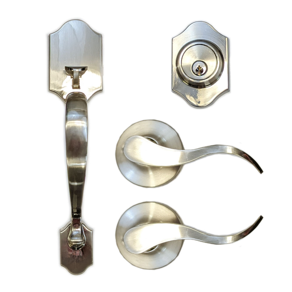 Satin Nickel Entry Door Handle & Deadbolt Set – Keyed Alike, Brushed Finish